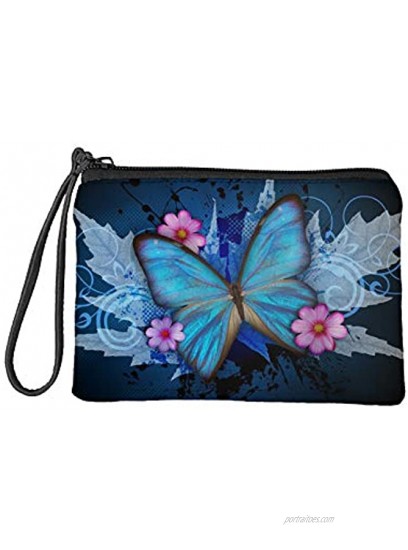 Babrukda Women Change Purse Coin Purse Vintage Blue Butterfly Maple Leaf Flower Wallet Bag with Wristlet Strap Zipper Change Pouch Small Toiletry Case 7L x 5.5W