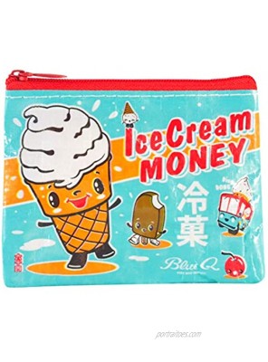 Blue Q Coin Purse Ice Cream Money. Made from 95% recycled material the ultimate little zipper bag to corral money ear buds gift cards stamps vitamins coins. 3h x 4w.