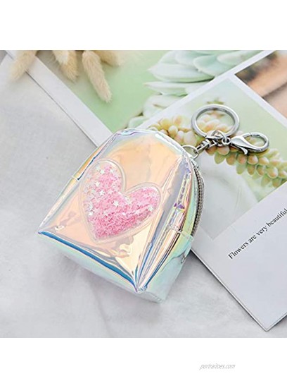 Chris.W Holographic Transparent Zipper Coin Pouch Bag Mini Heart Star Change Purse with Key Chain Clip for Women Girls