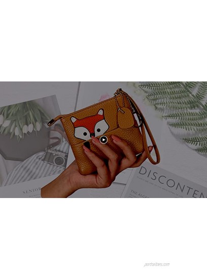 Cute Fox Ultra-thin Coin Purse,100% Soft Genuine Leather Change Purse Wallet with Keychain and Zipper for Women light yellow