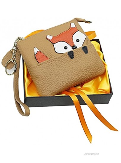 Cute Fox Ultra-thin Coin Purse,100% Soft Genuine Leather Change Purse Wallet with Keychain and Zipper for Women light yellow
