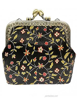 POPUCT Vintage Buckle Coin Purse Cotton Wallet for Womenblack flower