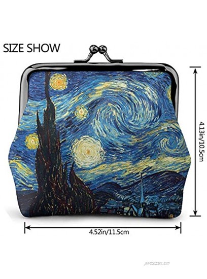 Van Gog Starry Night Women's Leather Coin Purse Small Change Pouch with Kiss-Lock Clasp Closure Buckle Wallet for Girl Gift