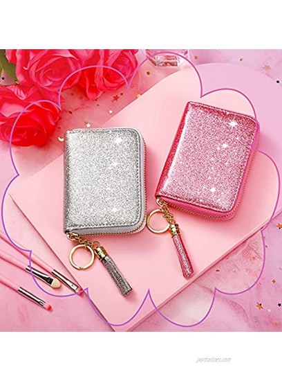 2 Pieces RFID Cute Card Wallet Small Glitter Small Card Holder PU Leather Slim Purse for Women Pink and Silver