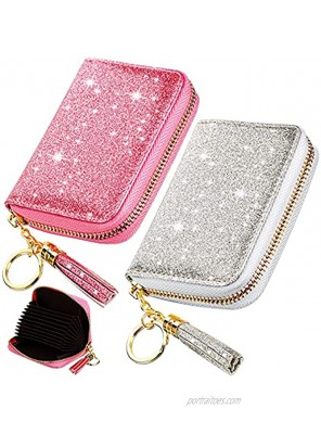 2 Pieces RFID Cute Card Wallet Small Glitter Small Card Holder PU Leather Slim Purse for Women Pink and Silver