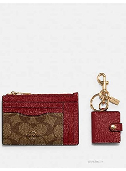 Coach Boxed Mini Skinny Id Case And Picture Bag Charm Set In Signature Canvas Khaki Red