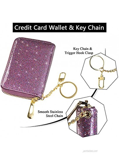 Credit Card Holder for Women Small Leather Accordion Card Case Wallet RFID Blocking Glitter Purple