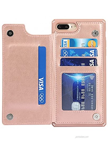 iCoverCase for iPhone 8 Plus 7 Plus Wallet Case with Card Holder Kickstand [RFID Blocking] Embossed Leather Magnetic Shockproof Cover with Wrist Strap for Women Men Heart Rose Gold
