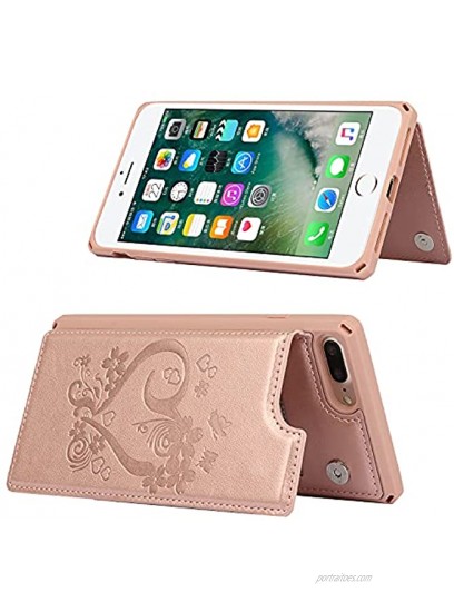 iCoverCase for iPhone 8 Plus 7 Plus Wallet Case with Card Holder Kickstand [RFID Blocking] Embossed Leather Magnetic Shockproof Cover with Wrist Strap for Women Men Heart Rose Gold