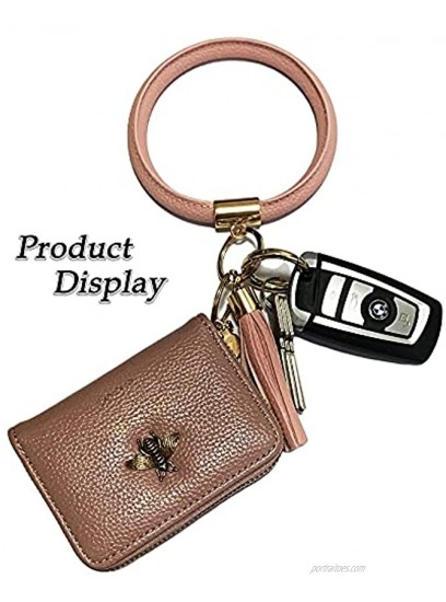 iWeker RFID Credit Card Holder,Key Rings Card Case,Tassel Zipper Leather Purse With Keychain Bracelet Bangle Keyring,Card Holder Wallet for Women,Ladies Pink