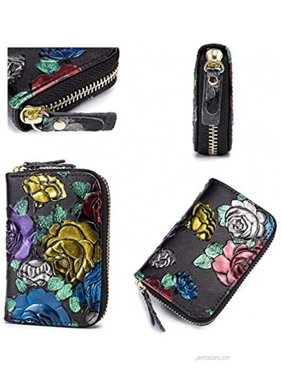RFID Zipper Credit Card Holder Wallet for Women Leather Accordion Credit Card Case Protector 12 Slot Golden-Rose