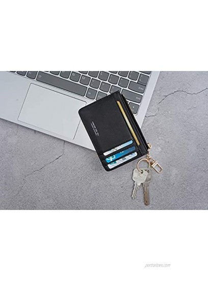 Women Slim Leather Minimalist Front Pocket Wallet Card Case Holder with ID Window & Keychain Black