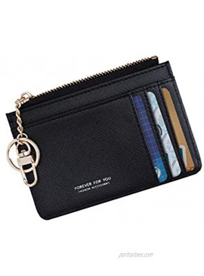Women Slim Leather Minimalist Front Pocket Wallet Card Case Holder with ID Window & Keychain Black