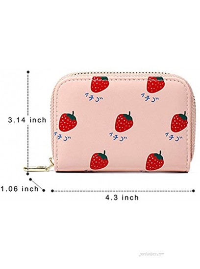 YIANO Accordion Credit Card Holder Zip Around Cute Printed Synthetic Leather Card Wallet Strawberry Pattern Pink Color
