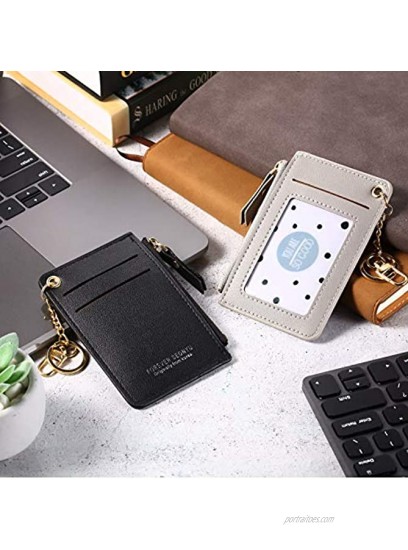 2 Pieces Women Slim Faux Leather Card Case Small Minimalist Wallet Card Case Holder Coin Purse Mini Wallet with Keychain Black Light Gray
