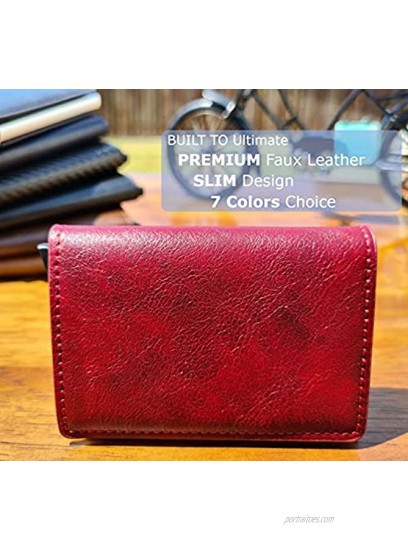 Moo-Shiner Credit Card Holder RFID Blocking Leather Automatic Pop Up Wallet Aluminum Slim Pocket Bifold Business Card Case Red