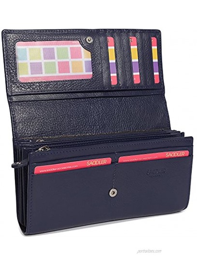 SADDLER Womens Large Luxurious Leather Multi Section Credit Card Clutch Purse RFID Protected Wallet | Designer Purse with Triple Zip Pocket for Ladies | Gift Boxed Navy