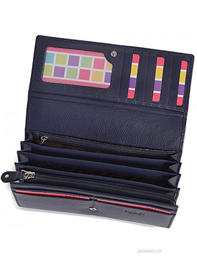 SADDLER Womens Large Luxurious Leather Multi Section Credit Card Clutch Purse RFID Protected Wallet | Designer Purse with Triple Zip Pocket for Ladies | Gift Boxed Navy