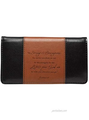 Checkbook Cover for Women & Men “Strong & Courageous” Christian Black and Tan Wallet Faux Leather Christian Checkbook Cover for Duplicate Checks & Credit Cards Joshua 1:9
