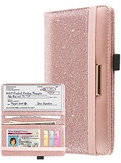 MCmolis Checkbook Cover- Leather Standard Register Checkbook Case with RFID Blocking- Check Book Cover Holder Wallet for Women-Glitter Rose Gold