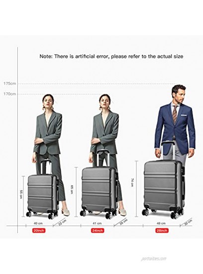 Kono Luggage Sets 3 Pieces with 8 spinner wheels 360° Suitcase Set Hard Shell TSA Lock and Dual YKK Zipper for Traveling Grey20'' 24'' 28''