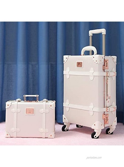 urecity Designer Vintage Trunk Combination Luggage Sets of 2 Piece Hard Shell Retro Travel Suitcase with Wheels Rose White 26+12