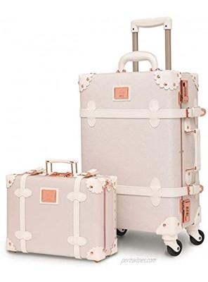 urecity Designer Vintage Trunk Combination Luggage Sets of 2 Piece Hard Shell Retro Travel Suitcase with Wheels Rose White 26"+12"
