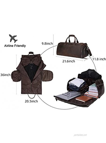 Carry On Garment Bag UBANT Convertible Garment Bag with Shoes Compartment Vintage Full Grain Leather Travel Weekender Overnight Large Duffel Bag 2 in 1 Hanging Suitcase Suit Travel Bags for Men