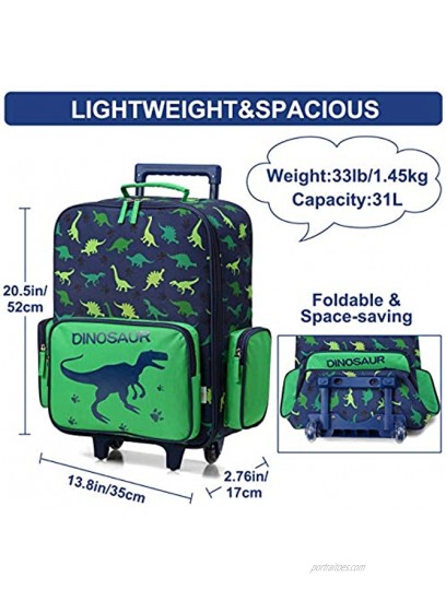 Rolling Luggage for Kids,VASCHY Cute Travel Carry on Suitcase for Boys Toddlers Children with Wheels 18inch Dinosaur