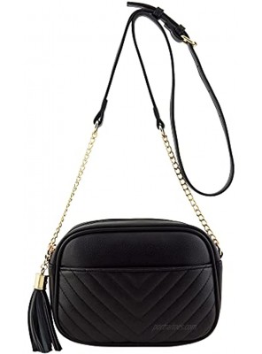 Chevron Quilted Crossbody Camera Bag with Chain Strap and Tassel