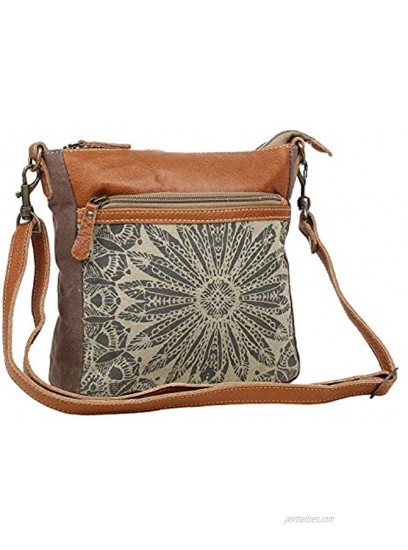 Myra Bag Dizzy Circle Upcycled Canvas & Leather Small Crossbody Bag S-1556 Brown,