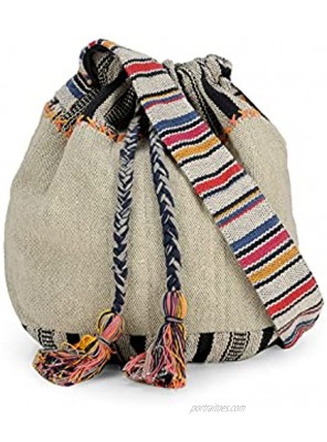 The House of Tara Grey Multicolour Handloom Fabric Crossbody Sling Shopping Bag with Tassels and Boho Ethnic Design for Women