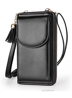 Womens Crossbody Bag Big Tassels Small Cell Phone Shoulder Purse Leather Travel RFID Card Wallet Case Baggap Handbag Clutch for iPhone 11 SE 11 Pro Xr X Xs Max 8 7 6 Plus LG Stylo Samsung Black