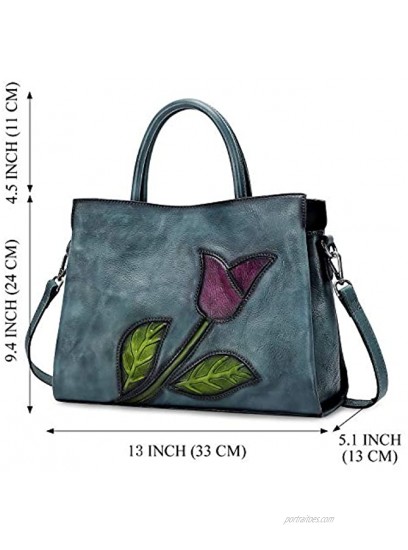 CHERISH KISS Soft Genuine Leather Satchel Bags for Women Purses and Handbags Vintage Embossed Floral Shoulder Bag