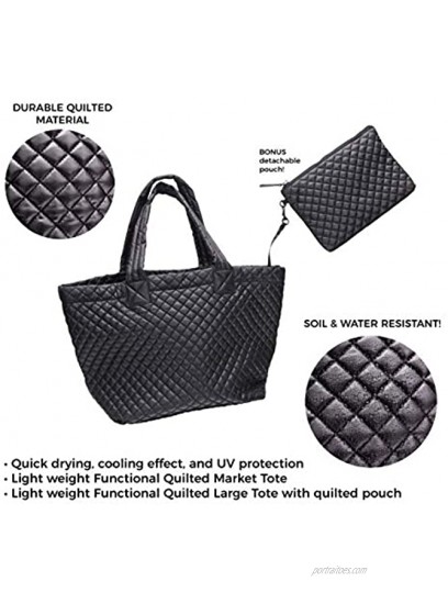 ClaraNY Comfortable Lightweight Large Quilted Zipper Tote with Pouch water repellent Black