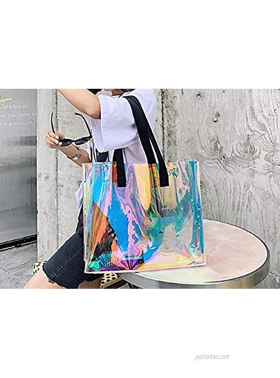 Fashion Iridescent Tote Bag Clear Holographic Handbag for Work Large Size and Sturdy Handle