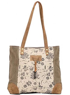 Myra Bag Unique Key Upcycled Canvas & Cowhide Tote Bag S-1522 Brown,