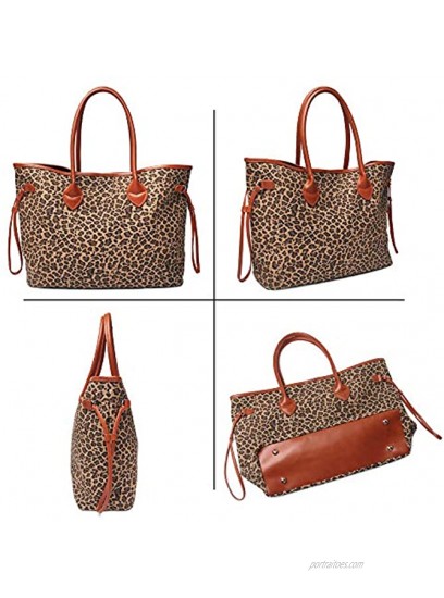 Oversized Women Canvas Casual Tote Bag Leopard Cheetah Print Handbag with Faux Leather Handle Small Size