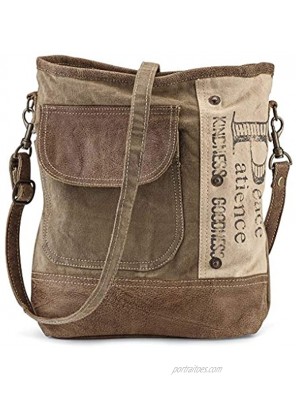 PGI Traders Upcycled Canvas Shoulder Bag | Earth Friendly Tote | Inspirational Words | No Two Alike | Adjustable Strap | Fully Lined | Zip Closure