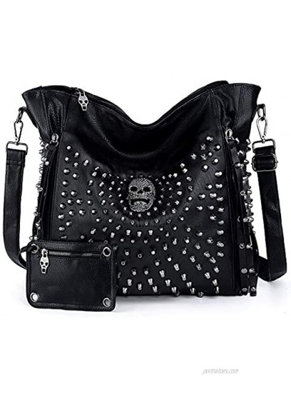 UTO Women Handbag PU Leather Skull Tote Crossbody Shoulder Bag with Wristlet Wallet A Black