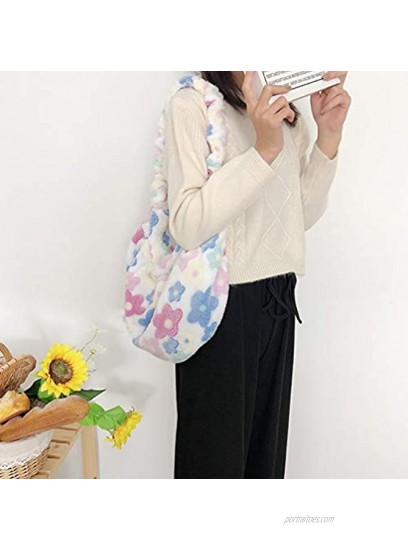 VALICLUD Hobo Bag Large Capacity Furry Handbag Shoulder Tote Bag Fluffy Purse Floral Flower Purse for Women