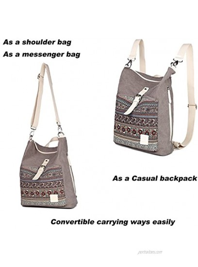 Womens Backpack Purse Canvas Purse 3-Way Crossbody Bag Boho Shoulder Tote Bags Girls Grey bohemian