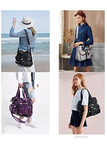 Women's Lightweight Floral Top Handle Handbag Multi-pockets Nylon Work Totes Water Resistant Travel Crossbody Shoulder Bag